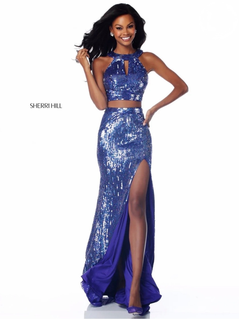 Sherri Hill 51756 Sequin two piece with keyhole bodice and slit skirt.